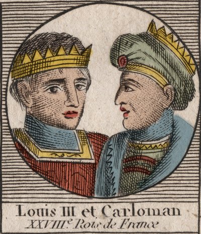 Ludvig III:n (863/65-882), frankkien kuninkaan vuosina 879–882 ja Kaarle II:n (866–884), frankkien kuninkaan, vuodesta 879 Ranskan kuninkaan muotokuvia - kaiverrus kirjasta "Historiaohjeet d tekijältä Unknown artist