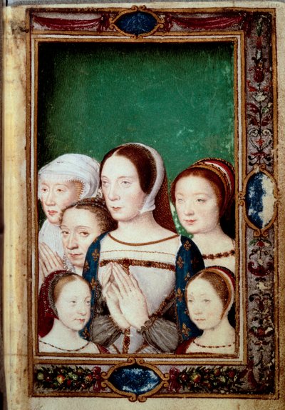 Muotokuvia Francois I:n ja hänen kahden vaimonsa tyttäristä. Tytöt: Louise (1515 - 1517). Charlotte (1516-1524), Madeleine (1520-1537), Marguerite (1523-1574). Claude Ranskasta (1499-1524) ja Eleonore Habsburgista (1498-1558). Miniatyyri "" Book of ho tekijältä Unknown artist