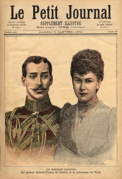 Prinssi Albert Victor, Clarencen ja Avondalen herttua ja Mary of Teck, Le Petit Journal, 9.1.1892 avioliittoilmoituksen yhteydessä. tekijältä Unknown artist