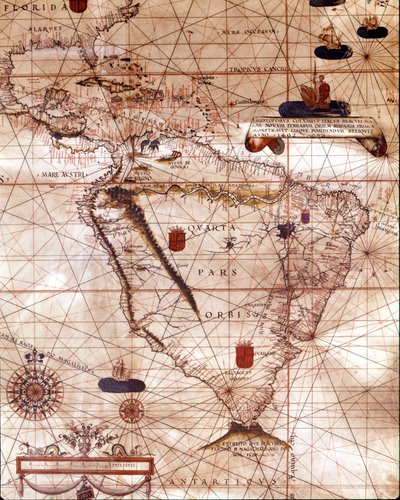 Portulan edustaa Etelä-Amerikkaa, joka kuuluu Bartolomeo Velhiolle. 1561. tekijältä Unknown artist