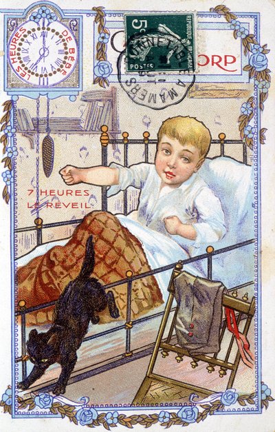 Postikortti, joka näyttää lapsen päivän kulun. Klo 7 lapsi herää. tekijältä Unknown artist