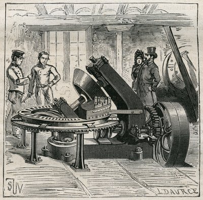 Keramiikka: Fleury-kone, jota käytetään tiilien mekaaniseen muovaukseen. Kaiverrus vuodelta 1885 kirjassa "Les arts et metiers illustres", kirjoittanut Adolphe BITARD. tekijältä Unknown artist