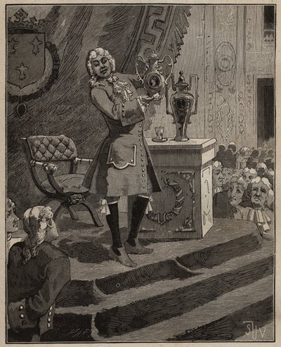Keramiikka: Pierre Joseph Macquer (1718-1784) esittelee akatemiassa ensimmäistä kovaa posliinia, joka on valmistettu Ranskassa Sevresin tehtaalla vuonna 1769. Kaiverrus vuodelta 1885 kirjaan "" Les arts et metiers illustres" - Adolphe BITARD. tekijältä Unknown artist