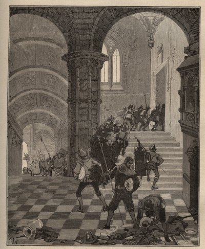 Keramiikka: "Henri II" -tehtaan tuhoutuminen Oironin linnan (Deux Sevres) ryöstön yhteydessä vuonna 1568 Liigan aikana. Kaiverrus vuodelta 1885 kirjassa "Les arts et metiers illustres", kirjoittanut Adolphe BITARD. tekijältä Unknown artist