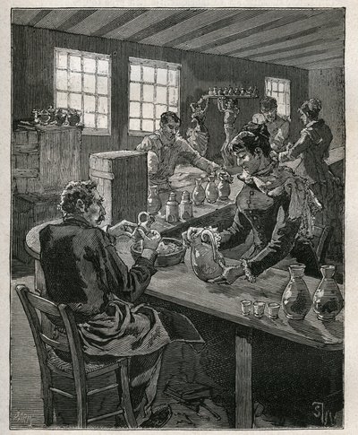 Keramiikka: täyttökeramiikka. Kaiverrus vuodelta 1885 kirjassa "Les arts et metiers illustres", kirjoittanut Adolphe BITARD. tekijältä Unknown artist