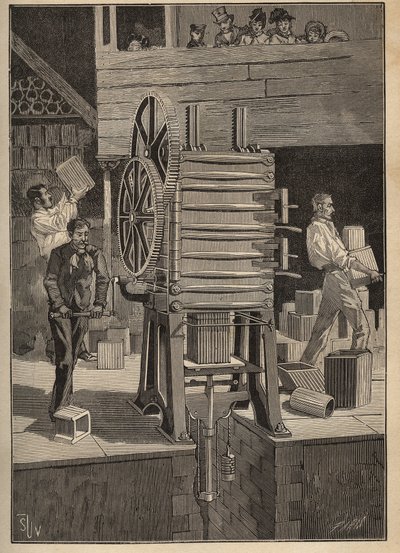 Keramiikka: onttojen osien mekaaninen muovaus. Kaiverrus vuodelta 1885 kirjassa "Les arts et metiers illustres", kirjoittanut Adolphe BITARD. tekijältä Unknown artist