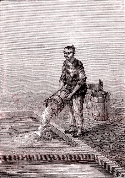 Kalkin kaataminen altaaseen, paperinvalmistus Kiinassa (3. vuosisata eaa.) (kaiverrus). tekijältä Unknown Artist