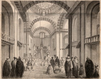 Ramadanin (Muslim Careme) rukoukset Algerian suuressa moskeijassa vuonna 1862. Kaiverrus "" Le Monde illustrious"" vuodelta 1862. Yksityinen kokoelma. tekijältä Unknown artist