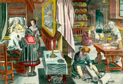 Guanopohjaisten lääkkeiden valmistus ja annostelu veneria kuppaa vastaan”” Kaiverrus 1600-luvulta. Pariisi. Lääketieteen akatemia tekijältä Unknown artist
