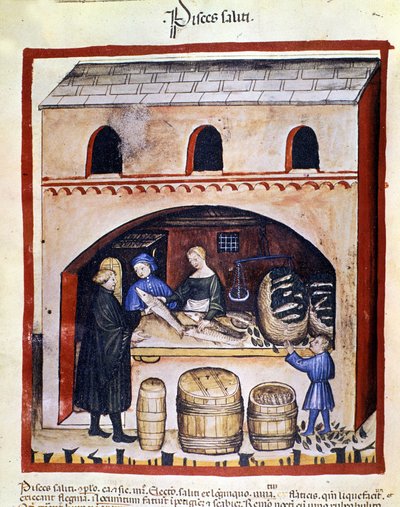 Likaisen kalan valmistus. Valaistus lääketieteen ja dietetiikan lypsystä "" Tacuinum sanitatis"" tekijältä Unknown artist