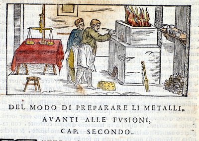 Metallin valmistelu sulatusta varten - Biringuccion "Pirotechniassa". tekijältä Unknown artist