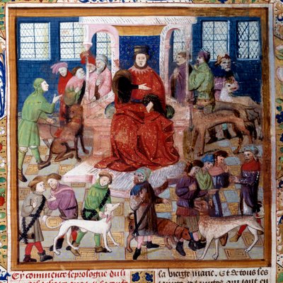 Gaston III Phoebus, Foixin kreivi, Bearnin herra (1331-1391) esittelee koiria Foixin kreiville Miniatyyri "Metsästyskirjasta" tekijältä Unknown artist