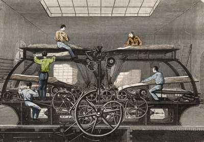 Painokone: "Le Siecle" -sanomalehden painokone Pariisissa. Kaiverrus vuodelta 1857 "" Le Musee Des Sciences "" tekijältä Unknown artist