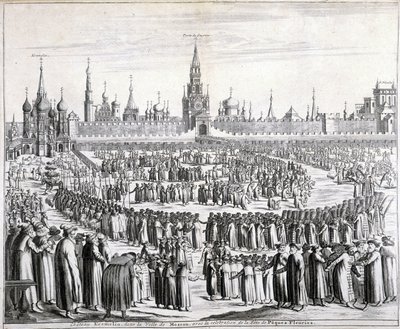 Pääsiäiskukkien kulkue Pyhän Vapahtajan portin ja Kremlin edessä Moskovassa. Kaiverrus 1800-luvulta. tekijältä Unknown artist