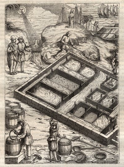 Suolan valmistus haihduttamalla merivettä suolaastioissa. Georgius Agricolan (Georg Bauer) kappaleesta "De re metallica". (Basel 1556) - Suolan tuotanto: suuriin kulhoihin kaadettu merivesi haihtuu ja jättää suolavaraston. Kaiverrus teoksesta "" De re meta tekijältä Unknown artist