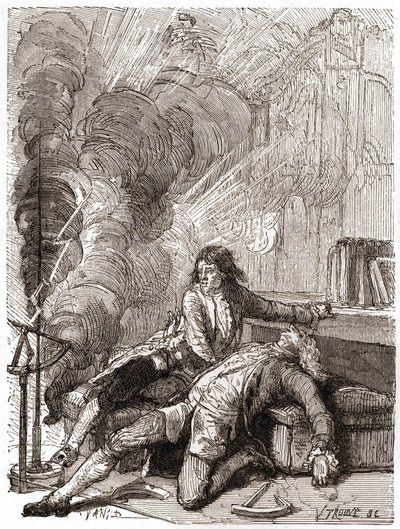 Professori Georges Guillaume Richmann (1711-1753) kuoli työpajassaan elektrometrikokeen seurauksena. tekijältä Unknown artist