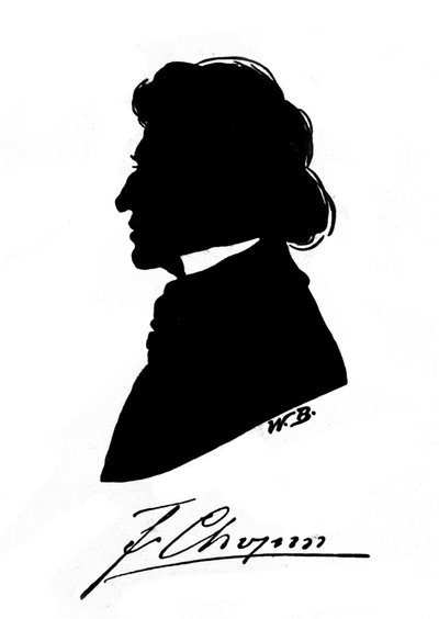 Puolalaisen säveltäjän Frederic Chopinin (1810-1849) profiilisiluetti nimikirjoituksella. 1800-luvulla tekijältä Unknown artist