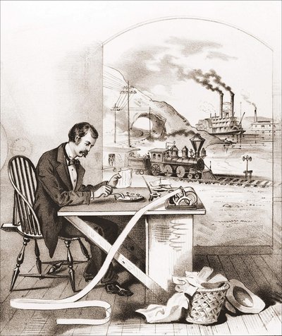 Vuosisadan edistyminen (1800-luku): Morse-lennätys, Dawn Boat, Train jne. Kaiverrus 1800-luvulta. tekijältä Unknown artist
