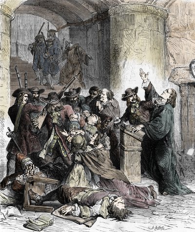 Protestanttien saarnaamisen ja pidätyksen kielto sen jälkeen, kun Edit de Nantes (lohikäärmeet Ludvig XIV:n (1681-1686) aikana): Katoliset sotilaat (lohikäärmeet) verilöytävät protestantteja. 1800-luku (kaiverrus) tekijältä Unknown artist