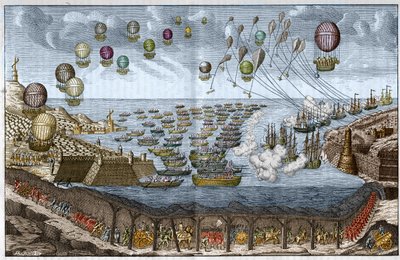 Napoleon I:n hyökkäysprojekti (hyökkäys) Englantiin vuonna 1803 - Ranskan joukot kävelevät Kanaalitunnelin läpi, kun laivoja ja ilmapalloja hyökkäävät meritse ja ilmassa - Kaiverrus vuodelta 1803 tekijältä Unknown artist