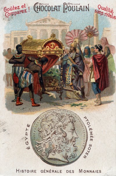 Ptolemeos I (360-283 eKr.) Soter (pelastaja) haudatti Aleksanteri Suuren. Kolikoiden yleisessä historiassa. Suklaa-varsa kromolitografia 1800-luvun lopulla. Yksityinen kokoelma. tekijältä Unknown artist