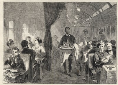 Pacific Railwaysin Pullmanin ruokavaunuvaunu vuonna 1869 - Pacific Railwayn vaunuhotellissa - tekijältä Unknown artist