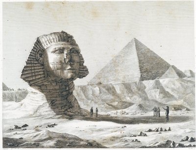 Gizan pyramidit: näkymä sfinksille ja suurelle pyramidille, otettu kaakosta - "" Kuvaus Egyptistä", Imperial Editions tekijältä Unknown artist