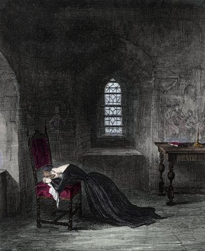 Kuningatar Jeanne Gray on vankina Lontoon Towerissa. Lady Jane Gray (1537-1554), kuningas Henry VIII:n veljentytär, oli Englannin kuningatar 9 päivää. Hänen serkkunsa Mary (Mary Tudor) vaatii valtaistuinta, ja hänet vangitaan ja teloitetaan maanpetoksesta. tekijältä Unknown artist