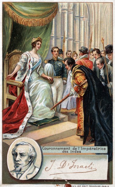 Englannin kuningatar Victoria kruunasi Intian Imperatricen vuonna 1877 brittiläisen kirjailijan ja poliitikon Benjamin Disraelin (1804-1881) tuella. 1800-luvun kromolitografia. tekijältä Unknown artist