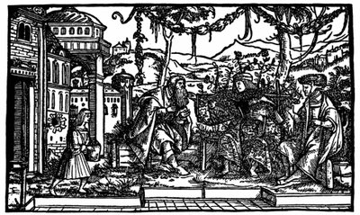 Viisi vuotta Utopiassa viettänyt matkustaja Raphaël Hythlodée kertoo matkastaan Thomas Morelle ja Pierre Gillesille. Ksylografia, joka julkaistiin Thomas Moren (1478 - 1535) "Utopia"-painoksessa vuodelta 1516. tekijältä Unknown artist