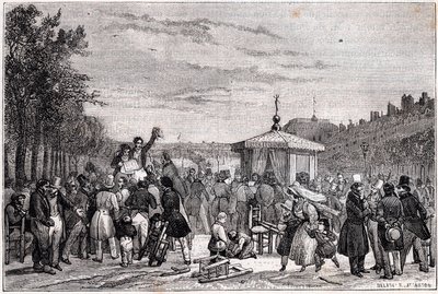Moniteur-lehdessä julkaistujen päätösten lukeminen kuninkaanlinnan puutarhassa Pariisissa 26. heinäkuuta 1830 sisällissodan aikana - Vallankumous 1830 - tekijältä Unknown