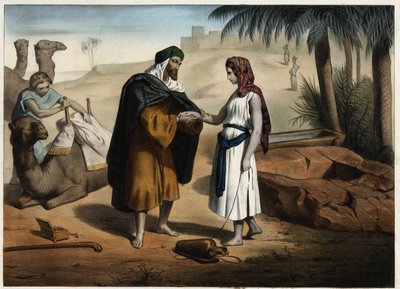 Rebecca ja Eliezer kaivolle: Damaskoksen Elieser, jonka tehtävänä on löytää vaimo Iisakille Mesopotamiassa, tuo Rebekan takaisin. Anonyymi kaiverrus 1800-luvulta. tekijältä Unknown artist