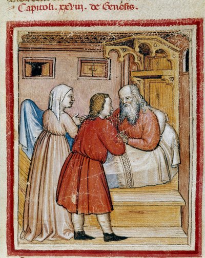 Rebecca tuo poikansa Jaakobin, jonka hänen veljensä Esau uhkaa tappaa, miehensä Iisakin eteen ottaakseen hänen pienoissiunauksensa Codex 212:sta (tai padovanosta eli Padovan Raamatusta) 1390-1400 Rovigo, Accademia dei Concordi tekijältä Unknown artist