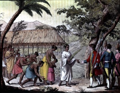 Kuningatar Oberean kuitti navigaattori Samuel Wallisista Tahitissa. "" Navigations of Cook, Milano tekijältä Unknown artist