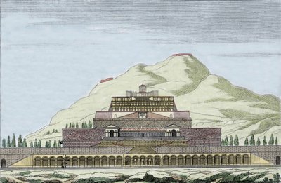 Fortunan (roomalaisen sattuman jumalan) temppelin jälleenrakennus Palestrinassa, Italiassa. Kaiverrus 1800-luvulta tekijältä Unknown artist
