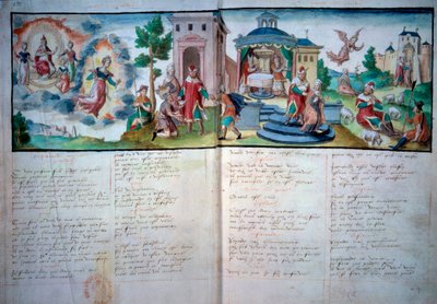 Uskonnollinen teatteri: "" Passion and Resurrection"" näytettiin Valenciennesissa vuonna 1547. Käsikirjoitussivu vesiväreillä, Paris, B.N. tekijältä Unknown artist