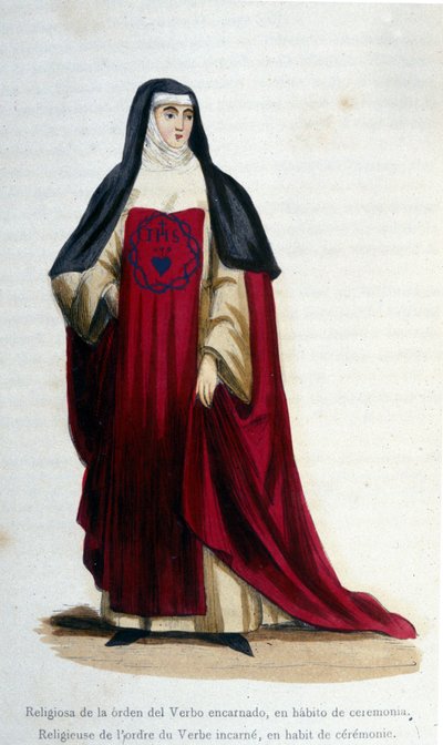 Uskonnollinen verbi inkarnoituu seremonialliseen pukeutumiseen. Kaiverrus albumista uskonnollisista määräyksistä, Pariisi tekijältä Unknown artist