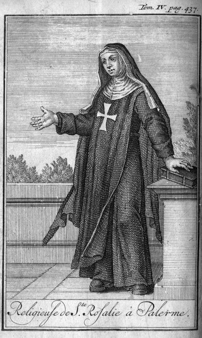 Uskonnollinen järjestys. Pyhän Rosalian uskonnollinen Palermo Sisiliassa 1600-luvulla. Kirjassa "" Sotilaallisten ritarien tai ritarien historia, molempien sukupuolten turvalliset ja rutiininomaiset miliisit, jotka on perustettu tähän asti. Painos otettu A tekijältä Unknown artist