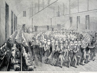 Shakersin uskonnollinen kulkue New Yorkissa. 1800-luvun kuvitus. tekijältä Unknown artist
