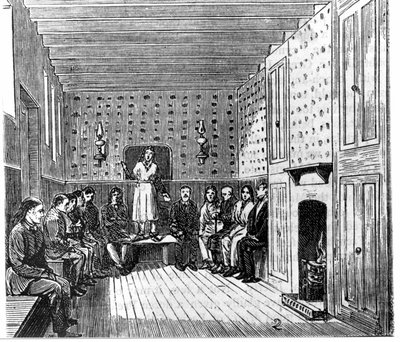 Amerikkalaisten shakerien uskonnollinen kokous. 1800-luvun kaiverrus. tekijältä Unknown artist
