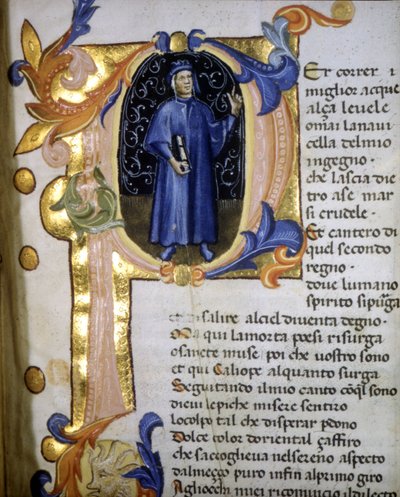 Esitys runoilija Dante Alighierin (1265 - 1321) lettriinissä, pienoismalli 1300-luvulta. tekijältä Unknown artist