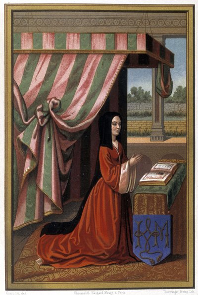 Anne de Francen, joka tunnetaan nimellä Anne de Beaujeu (1461-1522), esitys rukouksessa. Hän on Louis XI:n ja Charlotte de Savoien tytär. Kromolitografia valaistuksen jälkeen. tekijältä Unknown artist