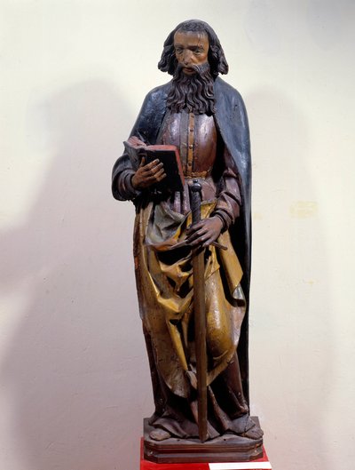 Pyhä Paavali, joka pitää kirjaa kädessään. Polykrominen puuveistos. 15-luvulla. Chartres, Kuvataidemuseo tekijältä Unknown artist
