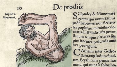 Sciapod-hirviön esitys Wolfhartin (Conrad Lycosthene) "The Book of Monsters and the Chronicle of Basileae" -kaiverrus tekijältä Unknown artist