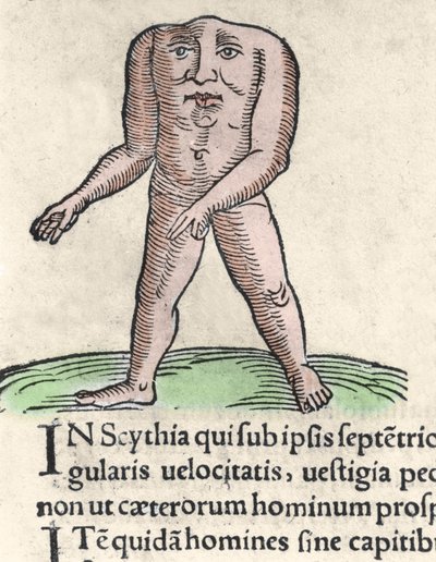 Esitys Blemmyi-heimon jäsenestä Nubiassa, kuvaa ilman päätä, ilman kaulaa ja kasvoja Pliniusn rungossa, entinen kaiverrus Conrad Lycosthenesin (1518-1561) "Prodigiorum ac ostentorum chronicon" -kirjoituksesta. 1557. tekijältä Unknown artist