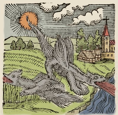 Basilikojen esitys lennon polttavilla vehnäpelloilla. Kaiverrus Conrad Lycosthenesin (1518-1561) teoksesta "Prodigiorum ac ostentorum chronicon". 1557. tekijältä Unknown artist