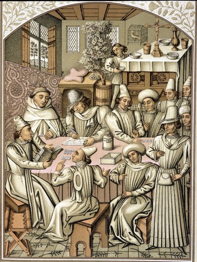Virkamiesten edustus 1300-luvulla. kromolitografia veljeskunnan "Dio e Nostra Signora" tilikirjasta" tekijältä Unknown artist