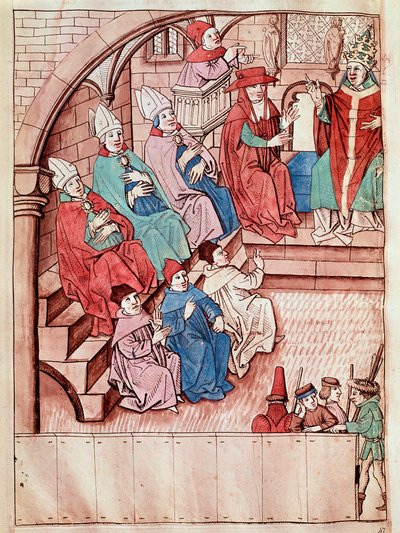 Konstanzin kirkolliskokouksen esitys vuosina 1414–1418, päällä paavi Martin V (näkymä Konstanzin kirkolliskokouksesta, n. 1417) Pienoiskuva Ulrich Richentalin (1360-1437) 1438:sta "Konstanz kirkolliskokouksen kronikat" suunnilleen Prahasta, Nati tekijältä Unknown artist