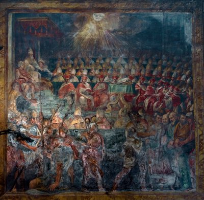 Nizzan ensimmäisen kirkolliskokouksen, ensimmäisen ekumeenisen kirkolliskokouksen, edustus vuonna 325 tekijältä Unknown artist