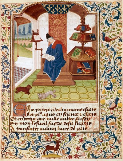 Esitys kirjailijasta, joka kirjoittaa toimistossaan Miniatyyri teoksista "Kaikkien hyveiden kukat" tai "Hyveiden ruusukirkko" (Ms 291) 1460 Musee Conde, Chantilly tekijältä Unknown artist